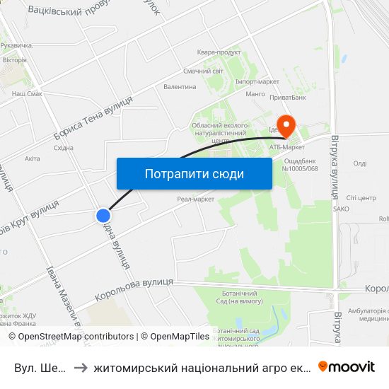 Вул. Шевченка to житомирський національний агро екологічний університет map