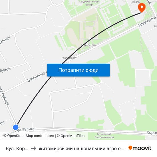 Вул. Корольова to житомирський національний агро екологічний університет map