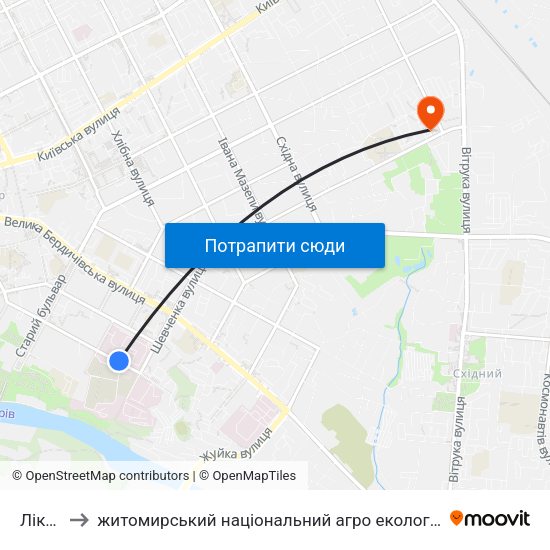 Лікарні to житомирський національний агро екологічний університет map