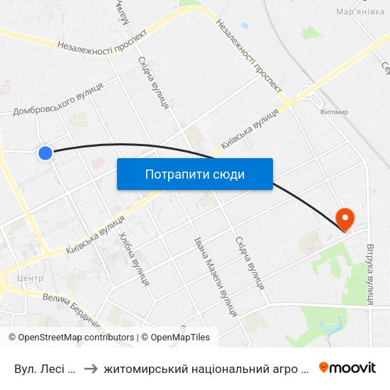 Вул. Лесі Українки to житомирський національний агро екологічний університет map