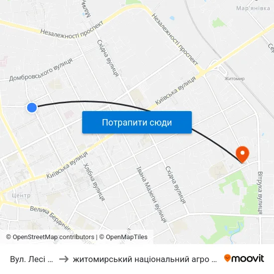 Вул. Лесі Українки to житомирський національний агро екологічний університет map