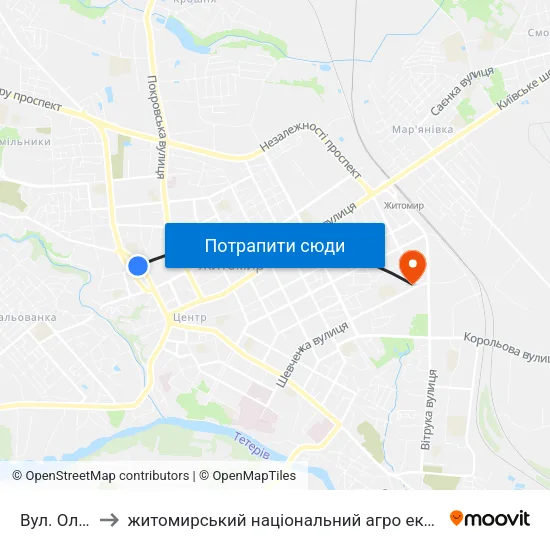 Вул. Ольжича to житомирський національний агро екологічний університет map