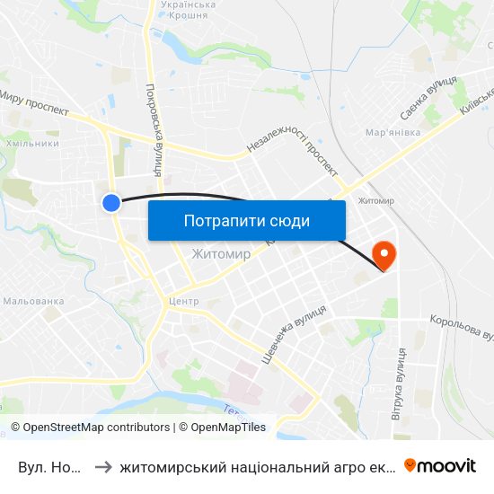 Вул. Новосінна to житомирський національний агро екологічний університет map