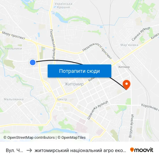 Вул. Чехова to житомирський національний агро екологічний університет map