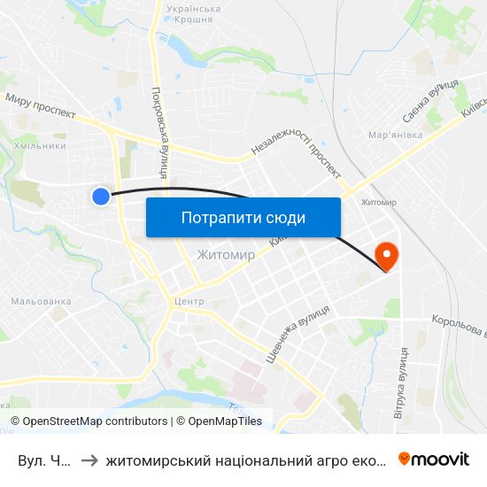 Вул. Чехова to житомирський національний агро екологічний університет map