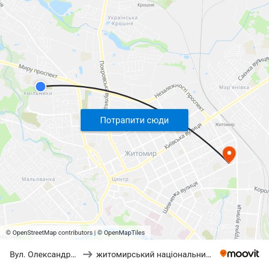 Вул. Олександра Клосовського 10 to житомирський національний агро екологічний університет map