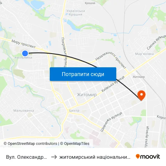 Вул. Олександра Клосовського 10 to житомирський національний агро екологічний університет map
