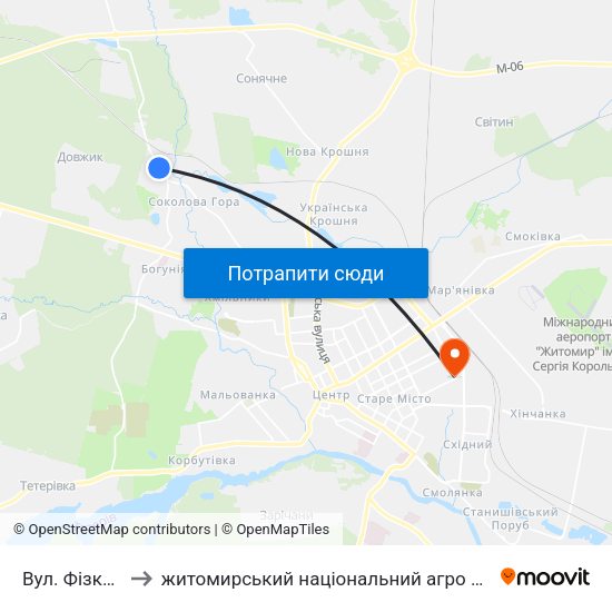 Вул. Фізкультурна to житомирський національний агро екологічний університет map