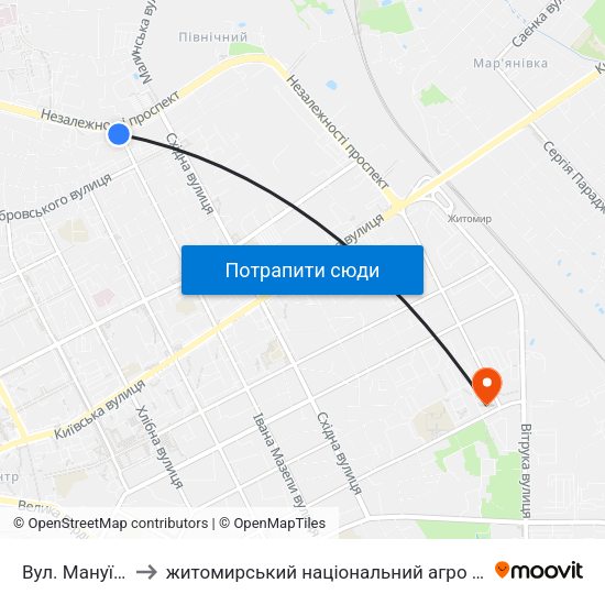 Вул. Мануїльського to житомирський національний агро екологічний університет map