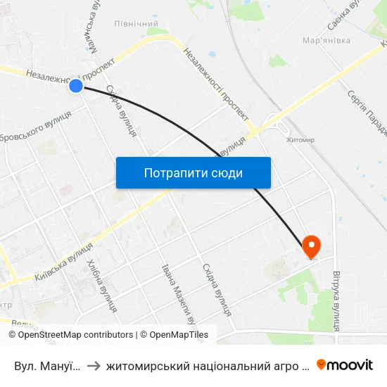 Вул. Мануїльського to житомирський національний агро екологічний університет map