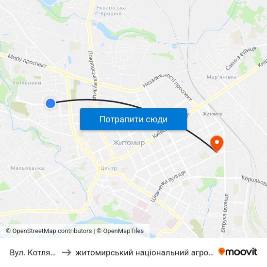 Вул. Котляревського to житомирський національний агро екологічний університет map