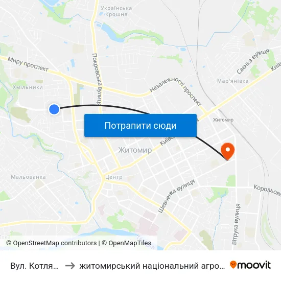 Вул. Котляревського to житомирський національний агро екологічний університет map