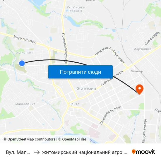 Вул. Маликова 16 to житомирський національний агро екологічний університет map