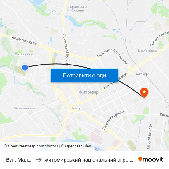 Вул. Маликова 12 to житомирський національний агро екологічний університет map