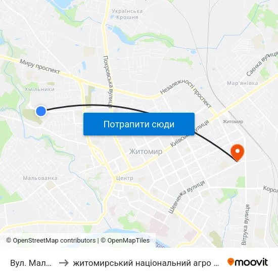 Вул. Маликова 12 to житомирський національний агро екологічний університет map