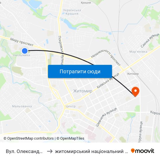 Вул. Олександра Клосовського to житомирський національний агро екологічний університет map