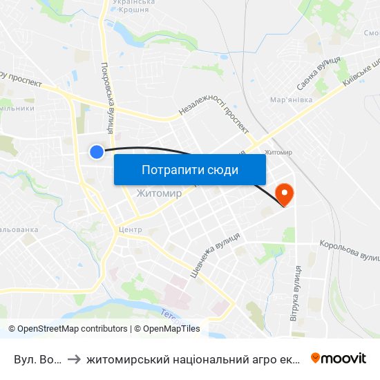 Вул. Войкова to житомирський національний агро екологічний університет map