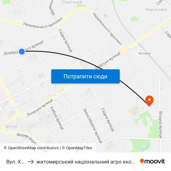 Вул. Хлібна to житомирський національний агро екологічний університет map