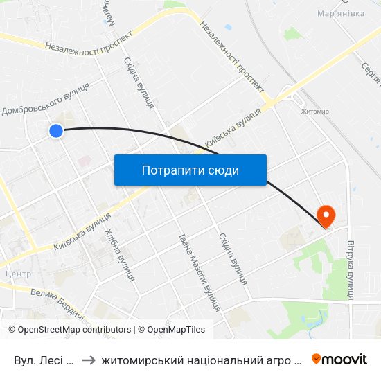 Вул. Лесі Українки to житомирський національний агро екологічний університет map