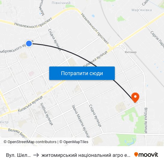 Вул. Шелушкова to житомирський національний агро екологічний університет map