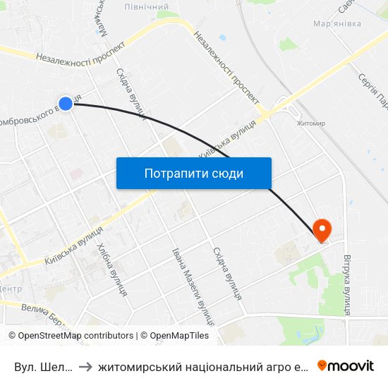 Вул. Шелушкова to житомирський національний агро екологічний університет map