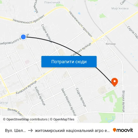 Вул. Шелушкова to житомирський національний агро екологічний університет map