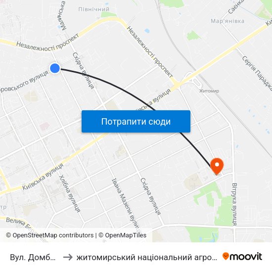 Вул. Домбровського to житомирський національний агро екологічний університет map