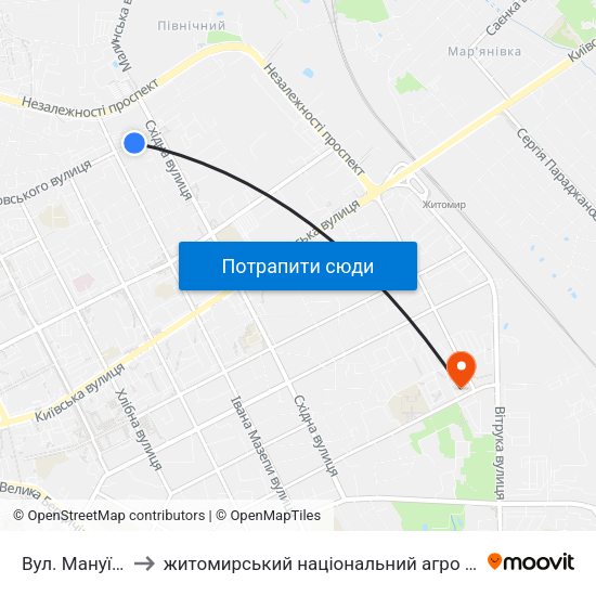 Вул. Мануїльського to житомирський національний агро екологічний університет map