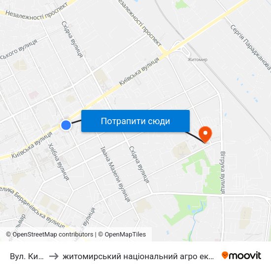 Вул. Київська to житомирський національний агро екологічний університет map