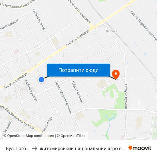 Вул. Гоголівська to житомирський національний агро екологічний університет map