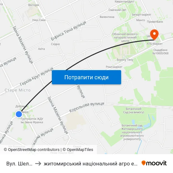 Вул. Шелушкова to житомирський національний агро екологічний університет map