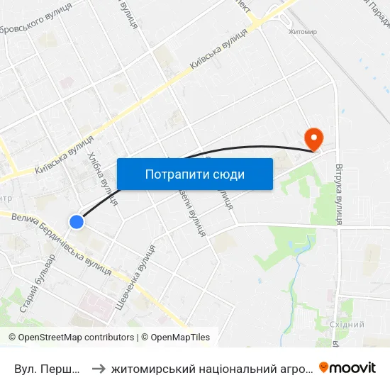 Вул. Першого Травня to житомирський національний агро екологічний університет map