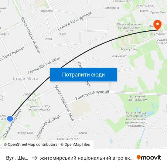 Вул. Шевченка to житомирський національний агро екологічний університет map