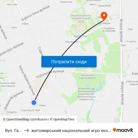 Вул. Гагаріна to житомирський національний агро екологічний університет map