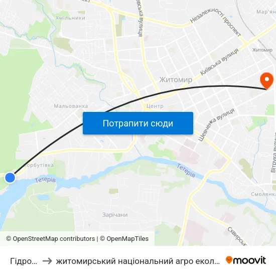 Гідропарк to житомирський національний агро екологічний університет map