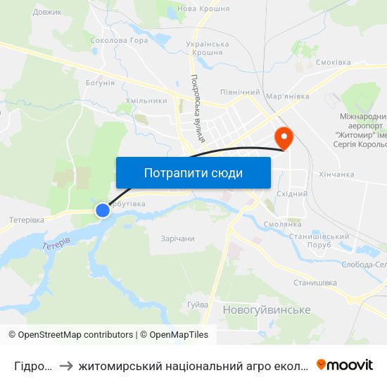 Гідропарк to житомирський національний агро екологічний університет map