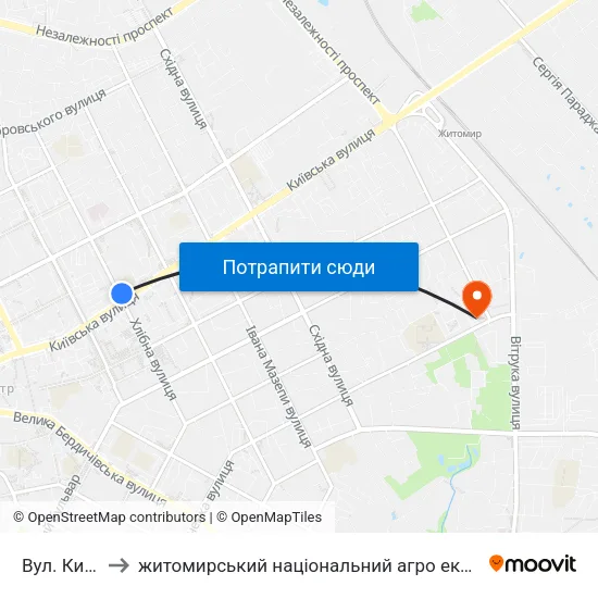 Вул. Київська to житомирський національний агро екологічний університет map