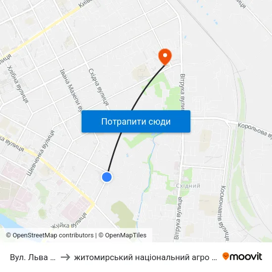 Вул. Льва Толстого to житомирський національний агро екологічний університет map