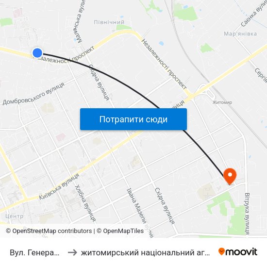 Вул. Генерала Потапова to житомирський національний агро екологічний університет map