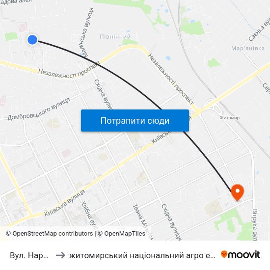 Вул. Народицька to житомирський національний агро екологічний університет map