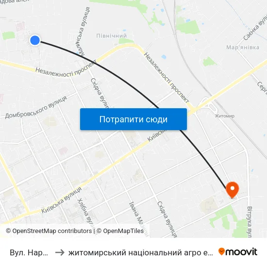 Вул. Народицька to житомирський національний агро екологічний університет map