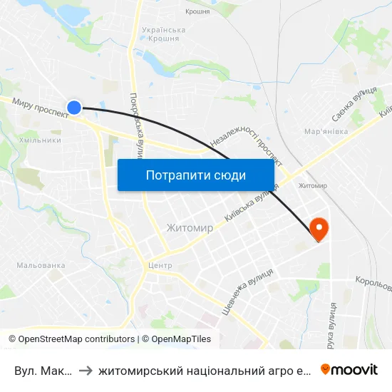 Вул. Максютова to житомирський національний агро екологічний університет map