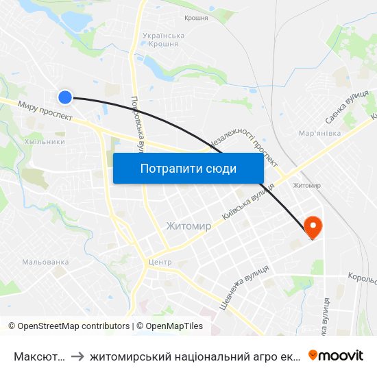 Максютова 18 to житомирський національний агро екологічний університет map