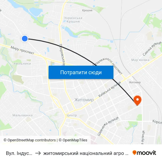 Вул. Індустріальна to житомирський національний агро екологічний університет map