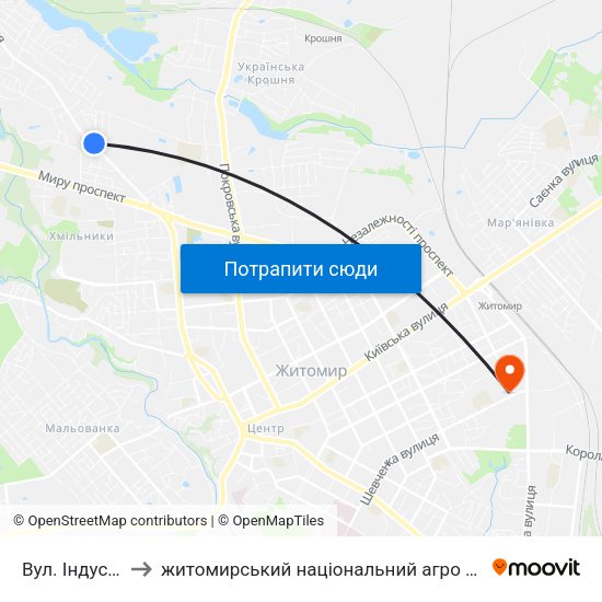 Вул. Індустріальна to житомирський національний агро екологічний університет map
