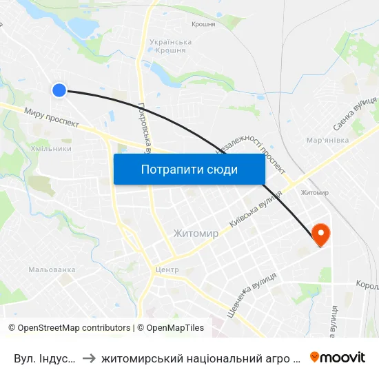 Вул. Індустріальна to житомирський національний агро екологічний університет map