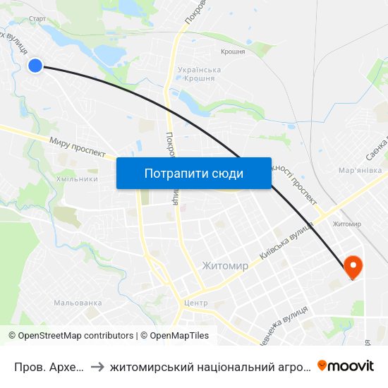 Пров. Археологічний to житомирський національний агро екологічний університет map