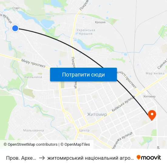 Пров. Археологічний to житомирський національний агро екологічний університет map