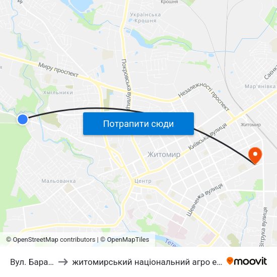 Вул. Барашівська to житомирський національний агро екологічний університет map