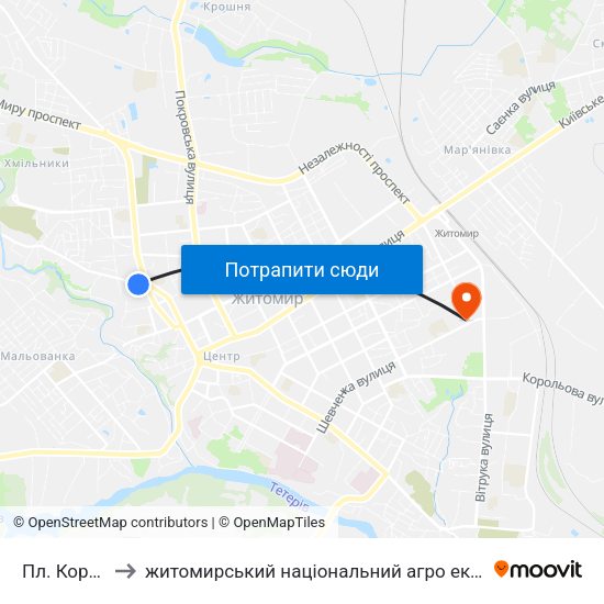 Пл. Короленка to житомирський національний агро екологічний університет map